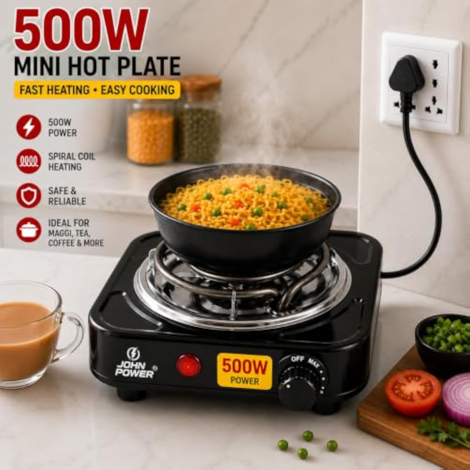 John Power 500W Mini Electric Hot Plate, Black